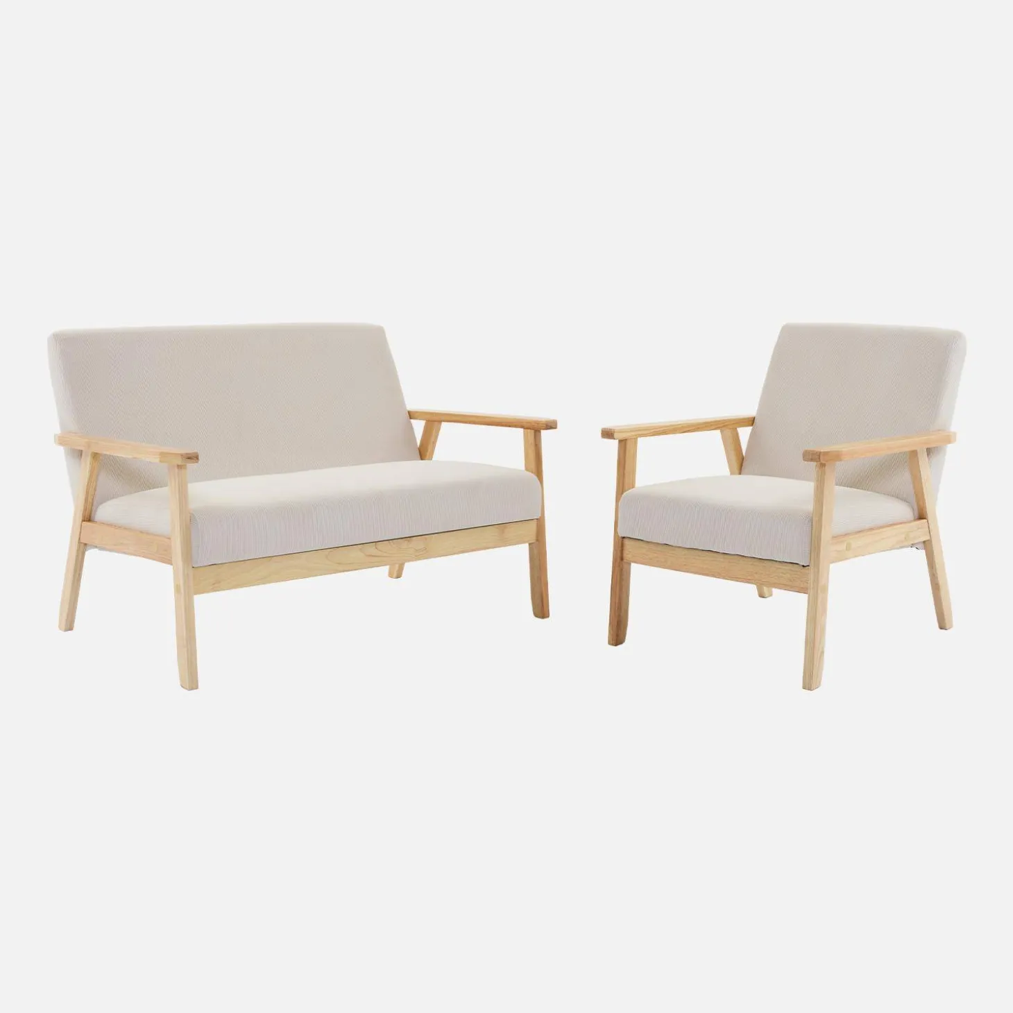 Tweezits bankje en fauteuil van hout met corduroy zitting