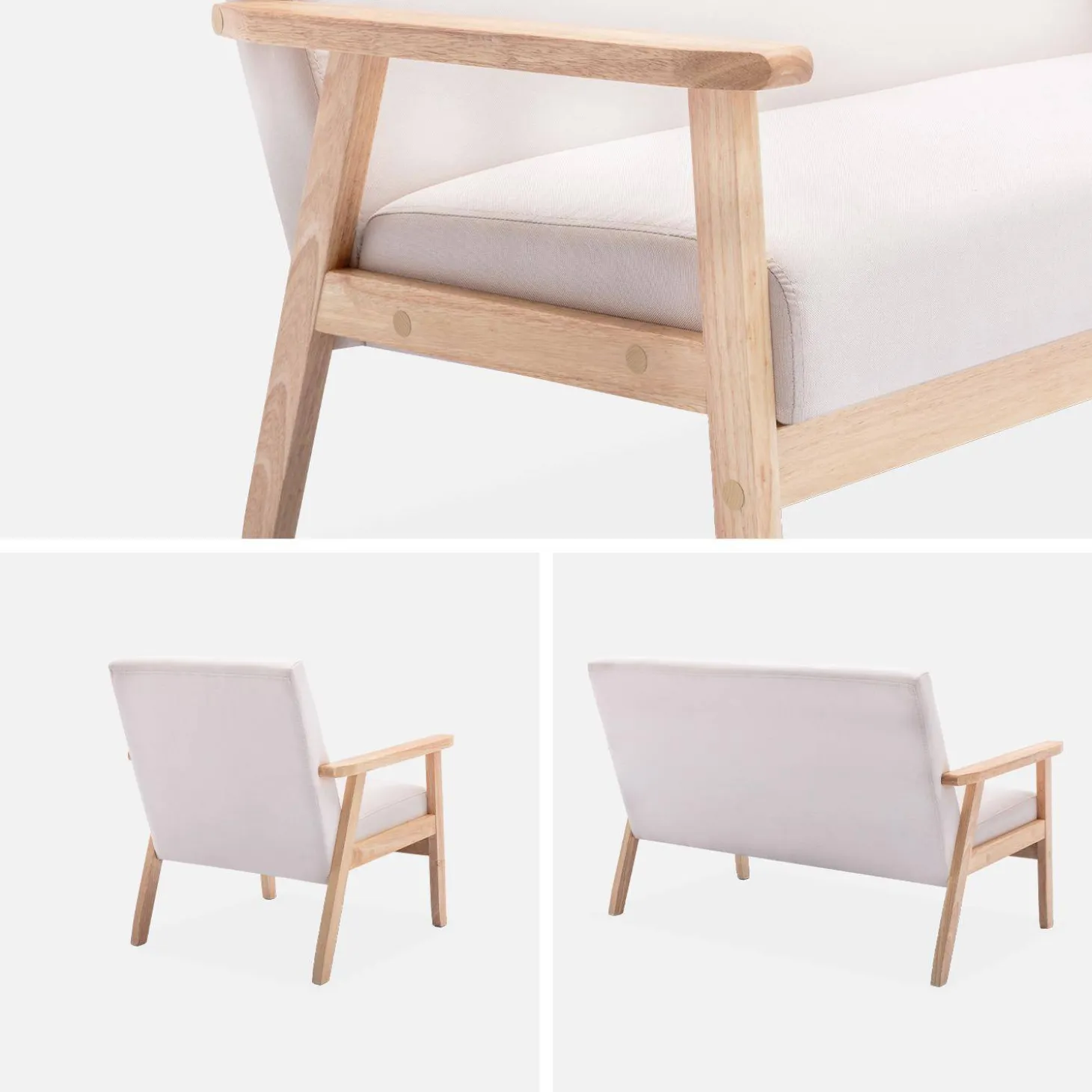 Tweezits bankje en fauteuil van hout met stoffen zitting