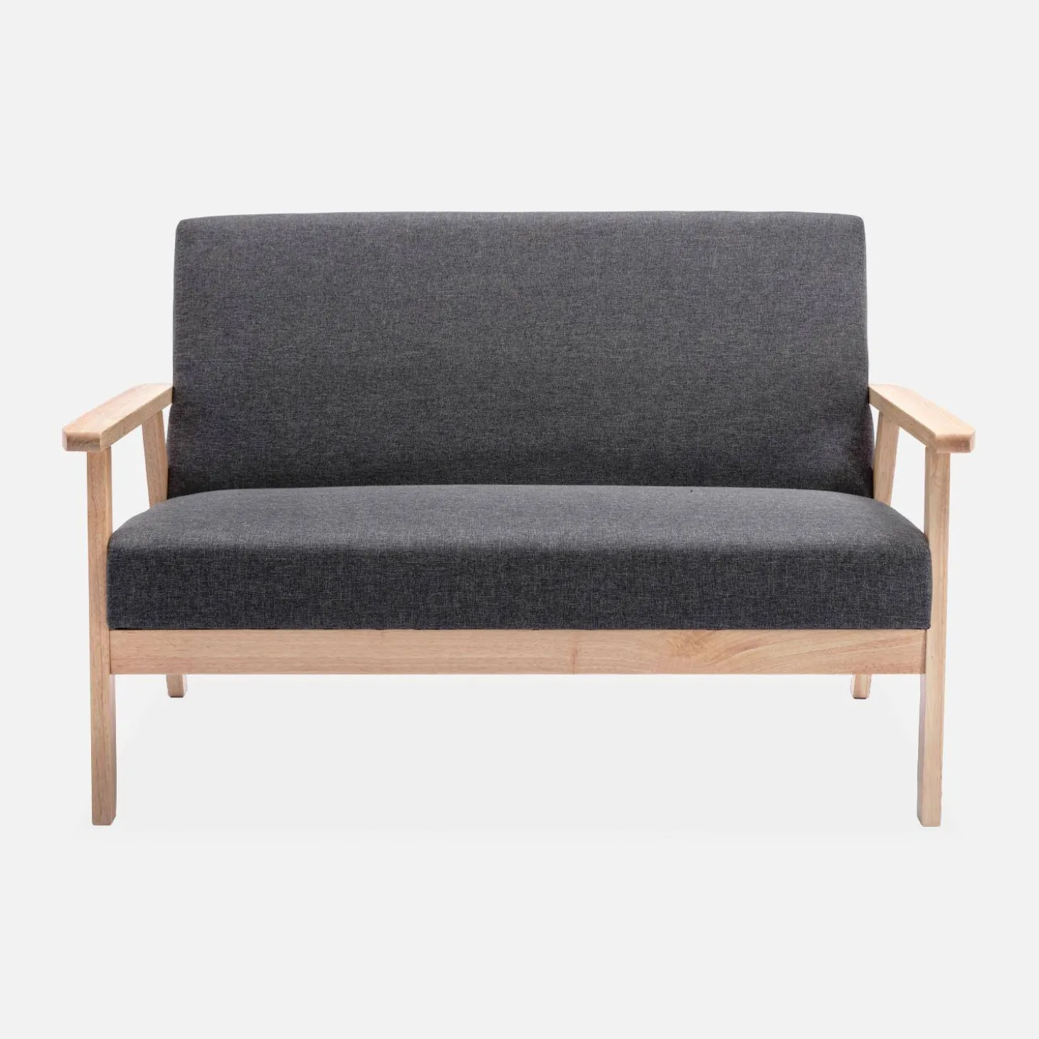 Tweezits bankje en fauteuil van hout met stoffen zitting