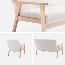 Tweezits bankje en fauteuil van hout met bouclé zitting