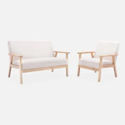 Tweezits bankje en fauteuil van hout met bouclé zitting