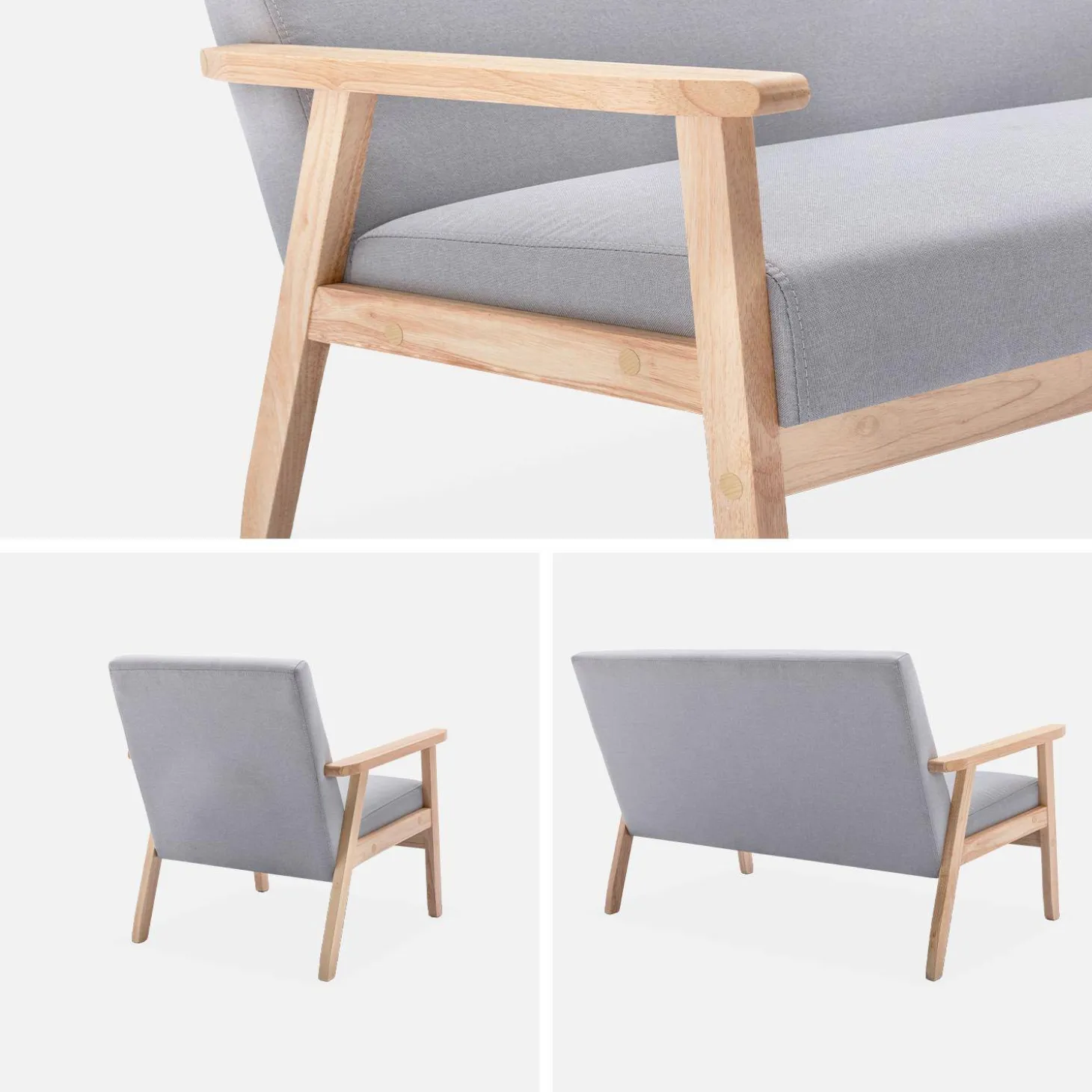 Tweezits bankje en fauteuil van hout met stoffen zitting