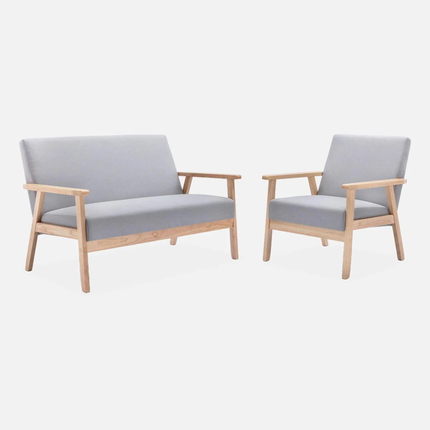 Tweezits bankje en fauteuil van hout met stoffen zitting