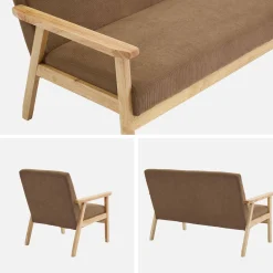 Tweezits bankje en fauteuil van hout met corduroy zitting