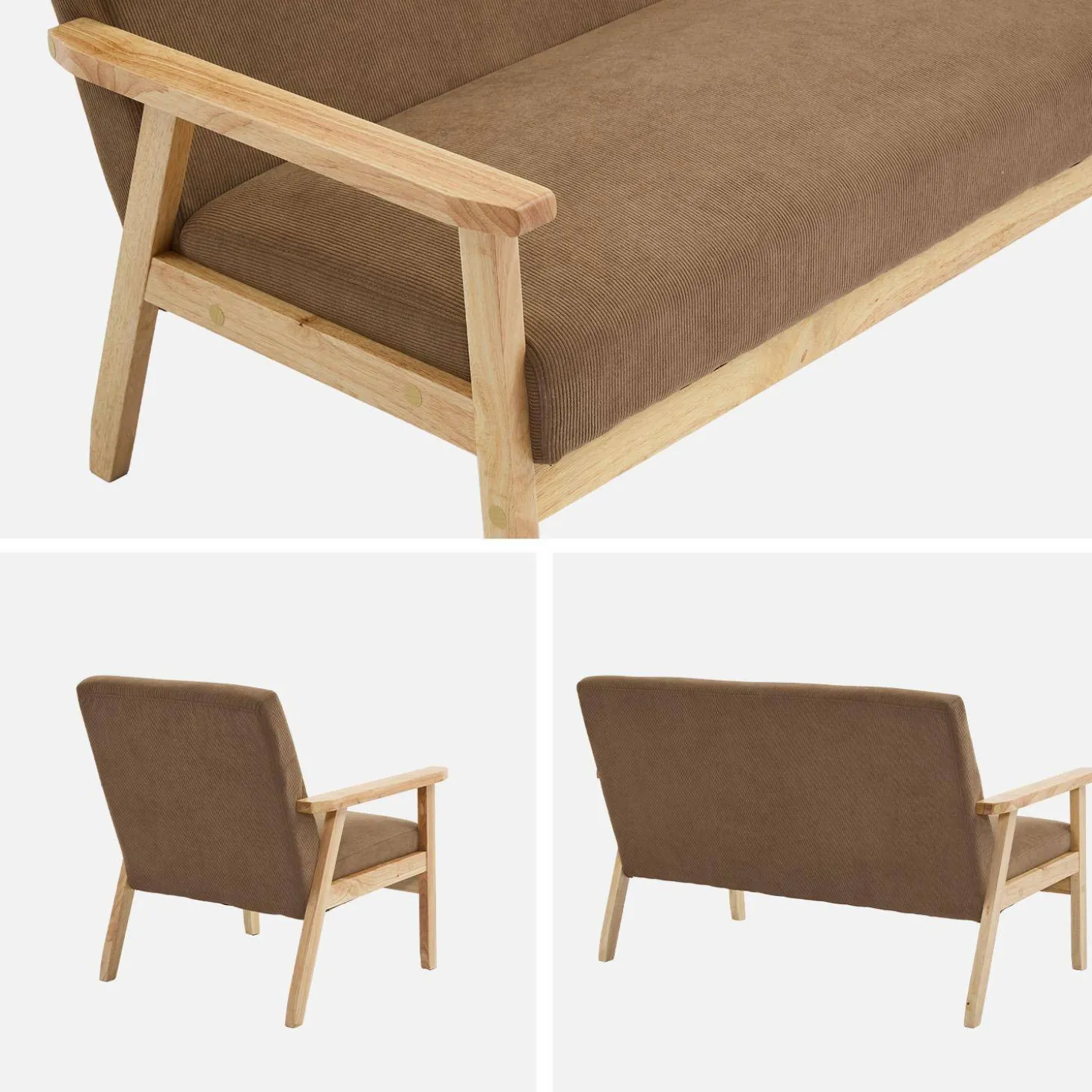 Tweezits bankje en fauteuil van hout met corduroy zitting