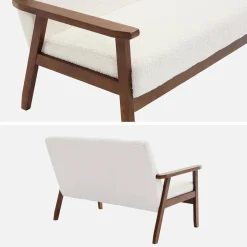 Tweezits bankje met walnootkleurig hout en bouclé zitting