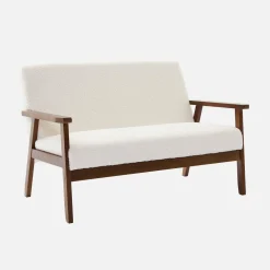 Tweezits bankje met walnootkleurig hout en bouclé zitting