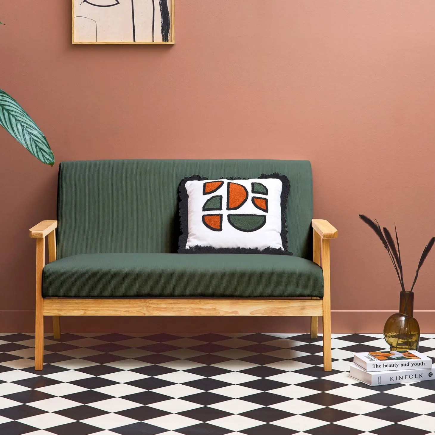 Tweezits bankje van hout met corduroy zitting