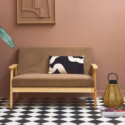 Tweezits bankje van hout met corduroy zitting