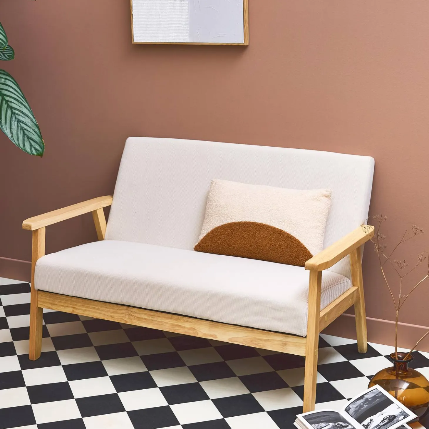 Tweezits bankje van hout met corduroy zitting