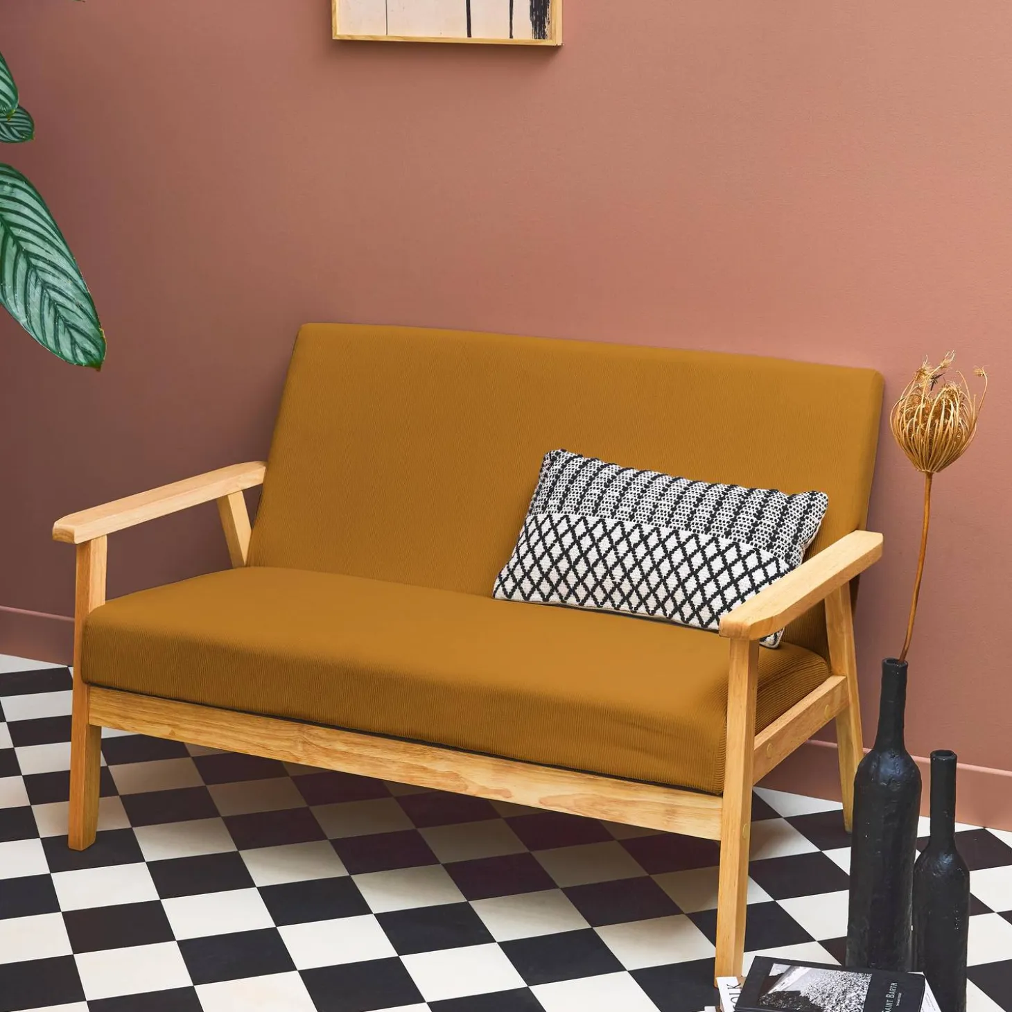 Tweezits bankje van hout met corduroy zitting