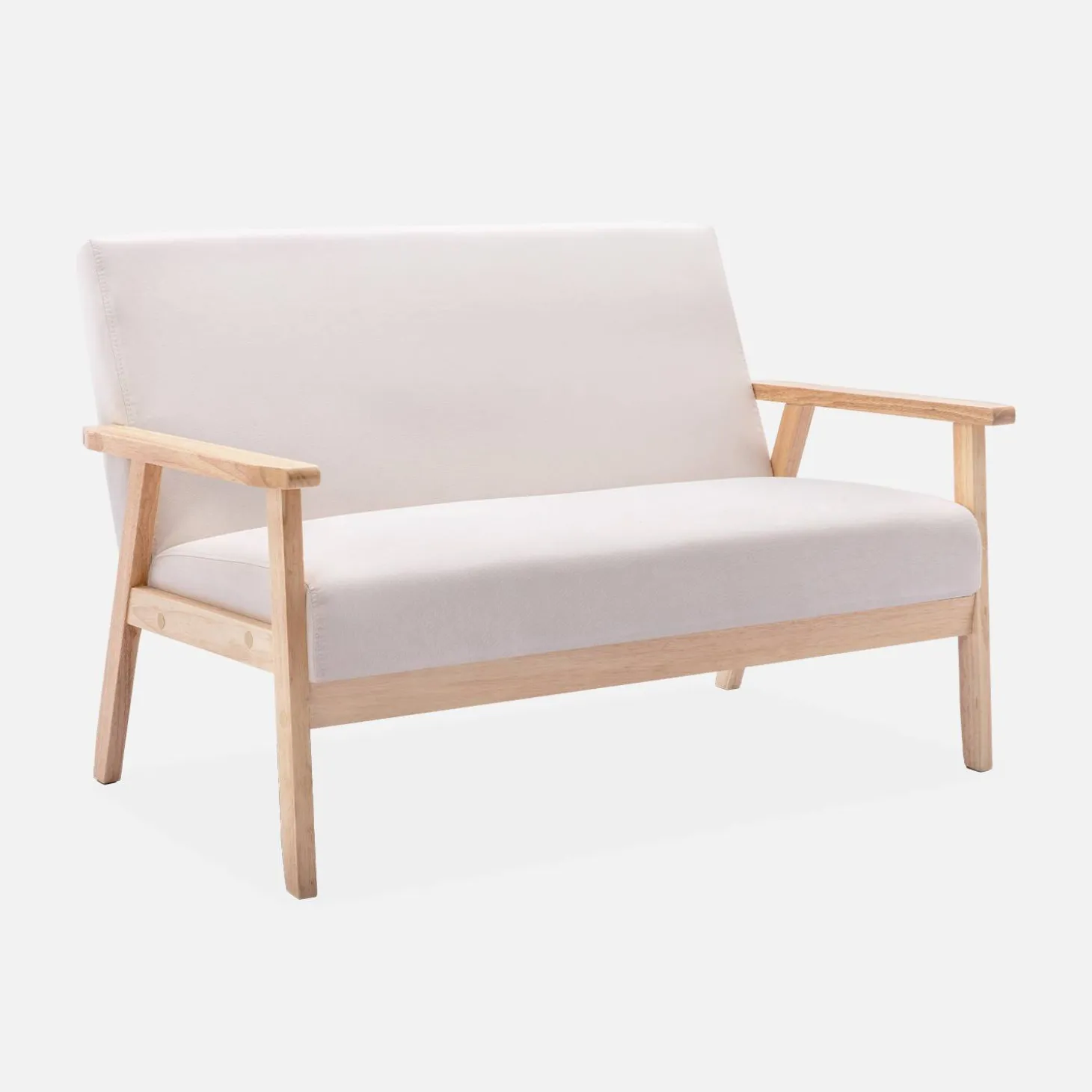 Tweezits bankje van hout met stoffen zitting