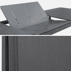 Uitschuifbare aluminium tuintafel, 8 textilène stoelen.