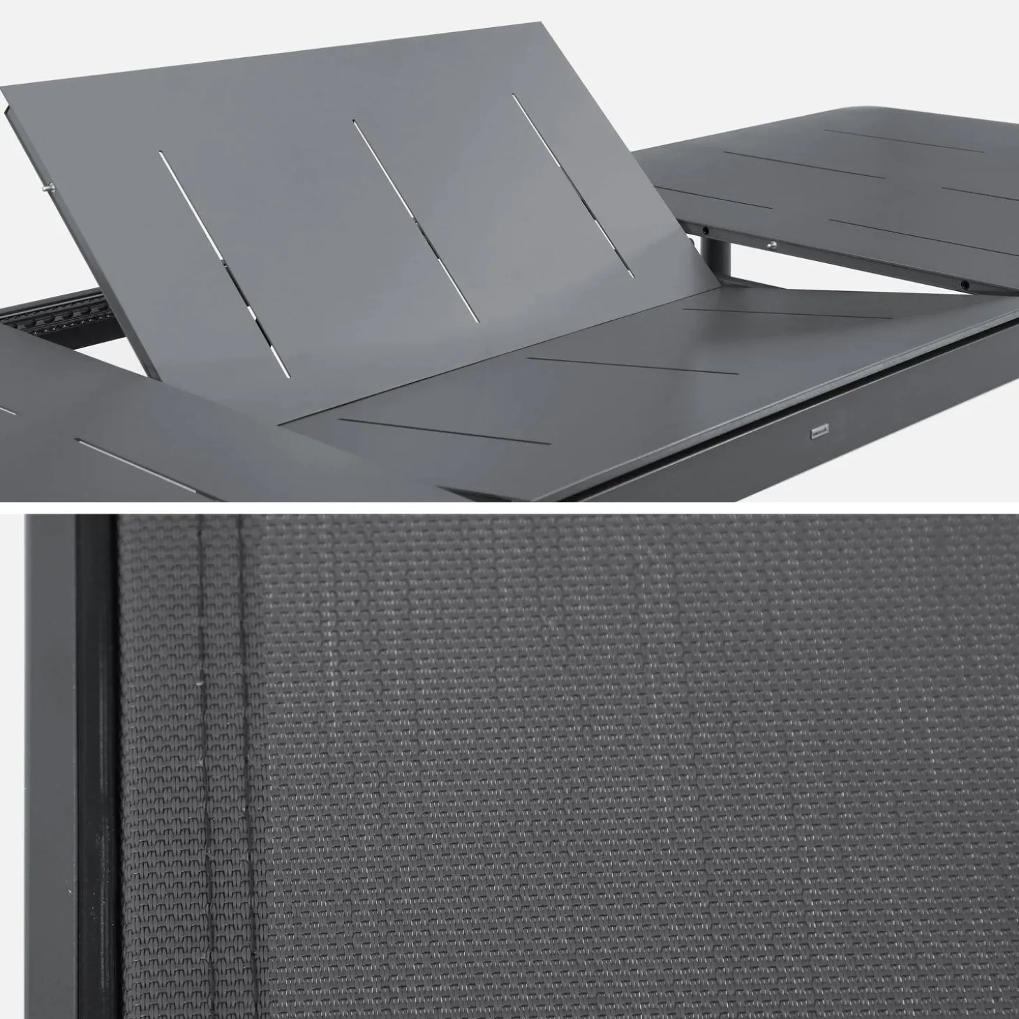 Uitschuifbare aluminium tuintafel, 8 textilène stoelen.