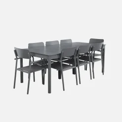 Uitschuifbare aluminium tuintafel, 8 textilène stoelen.