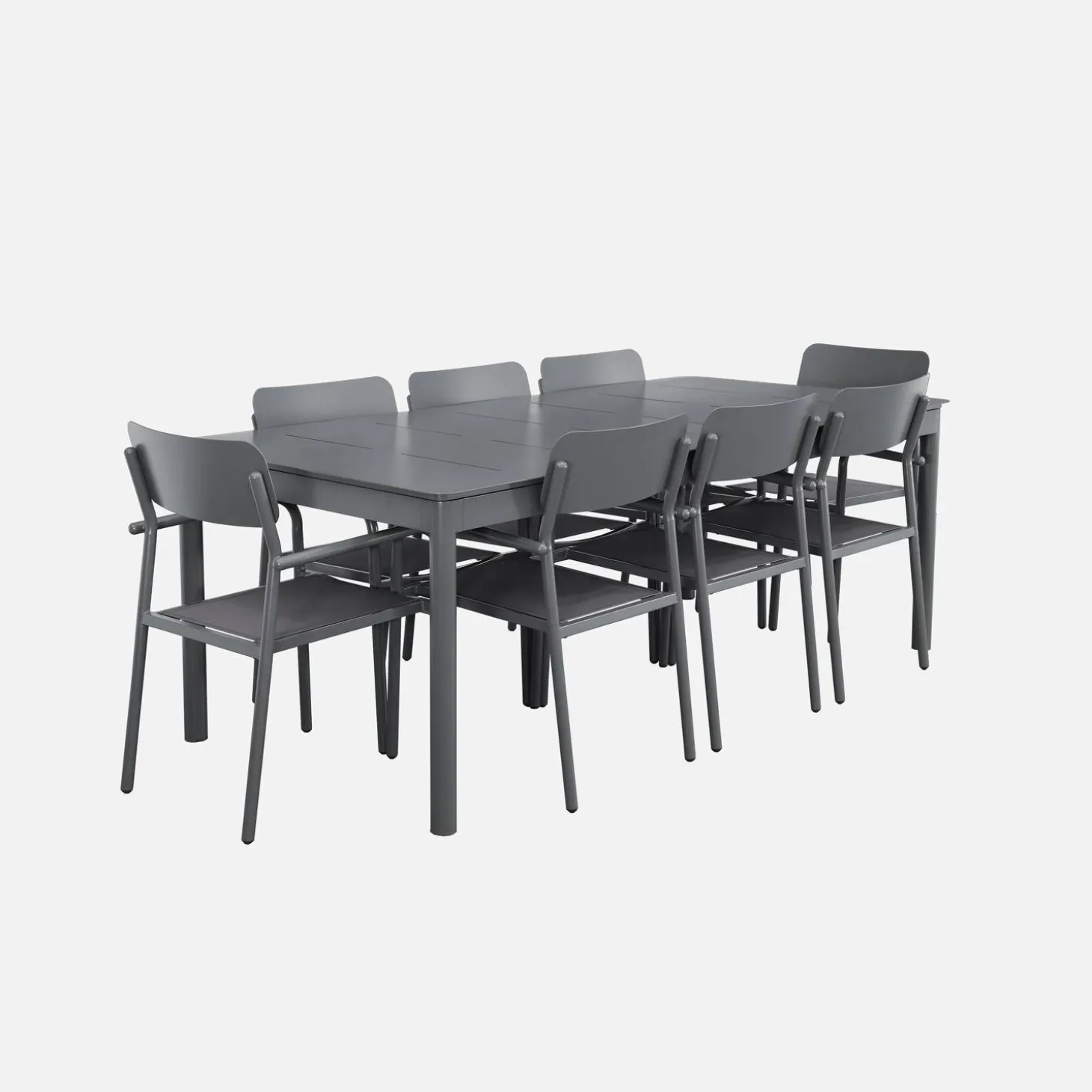 Uitschuifbare aluminium tuintafel, 8 textilène stoelen.