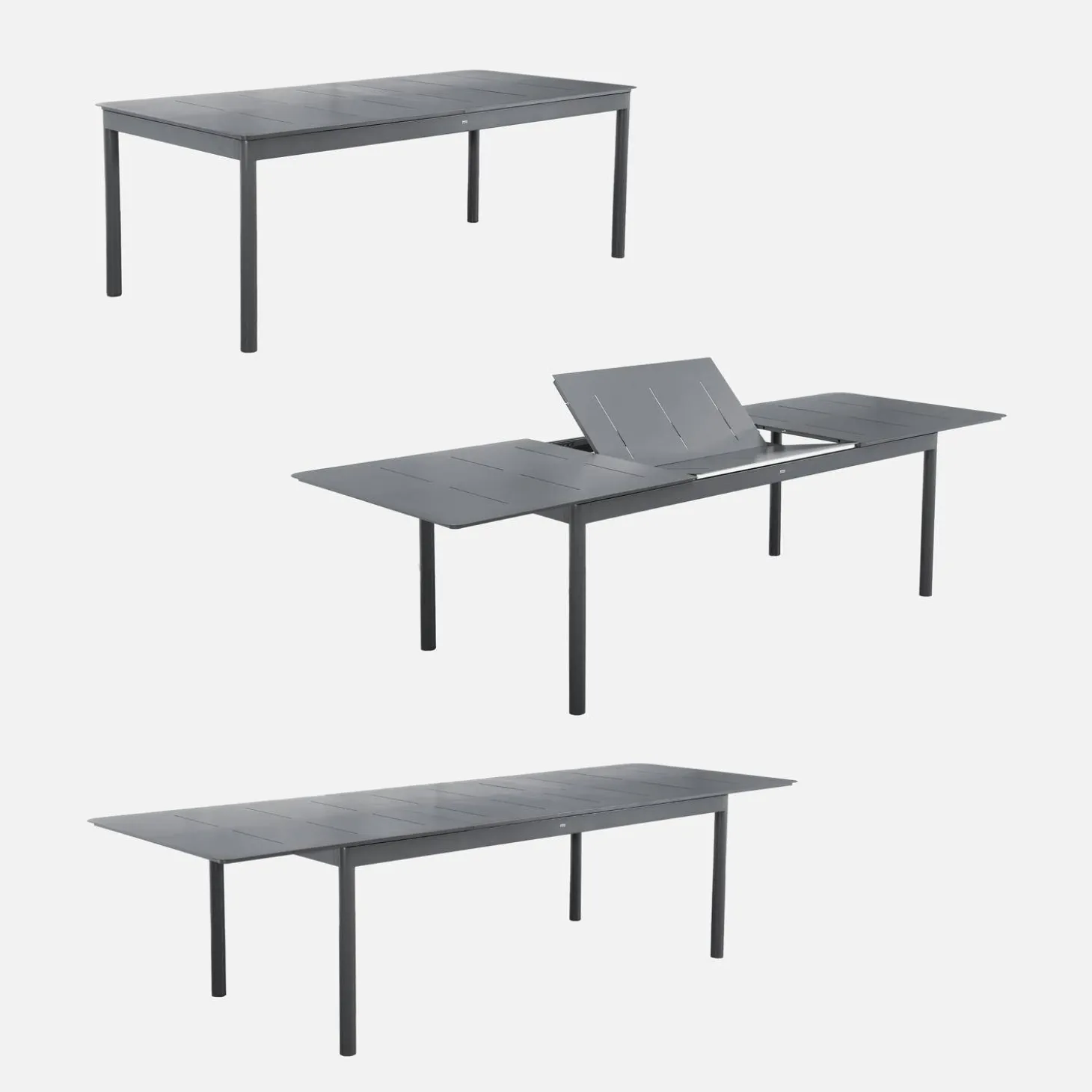 Uitschuifbare aluminium tuintafel, 8 textilène stoelen.