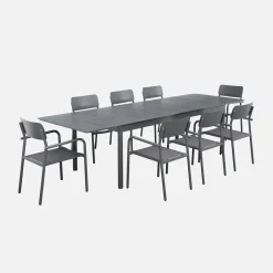 Uitschuifbare aluminium tuintafel, 8 textilène stoelen.