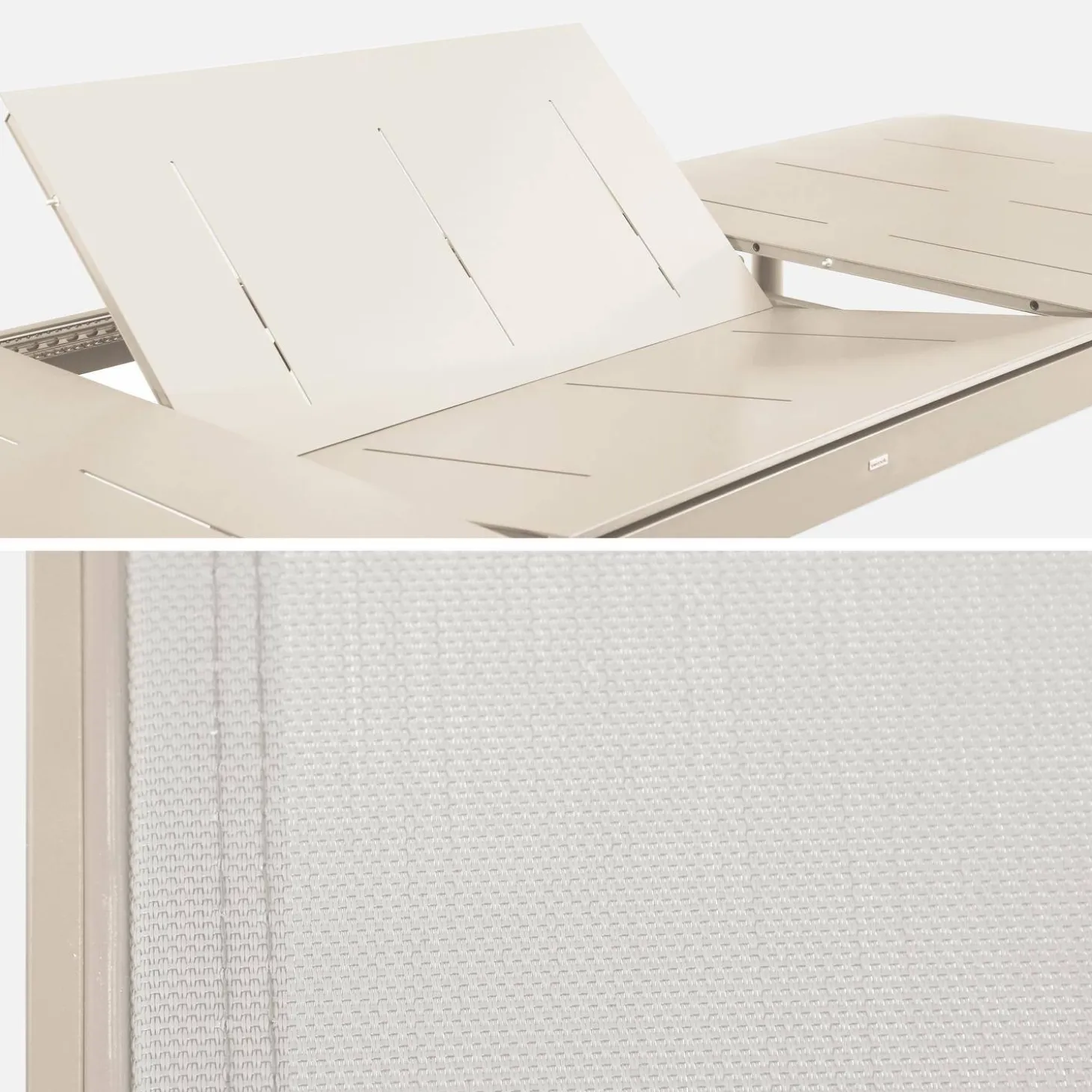 Uitschuifbare aluminium tuintafel, 8 textilène stoelen.