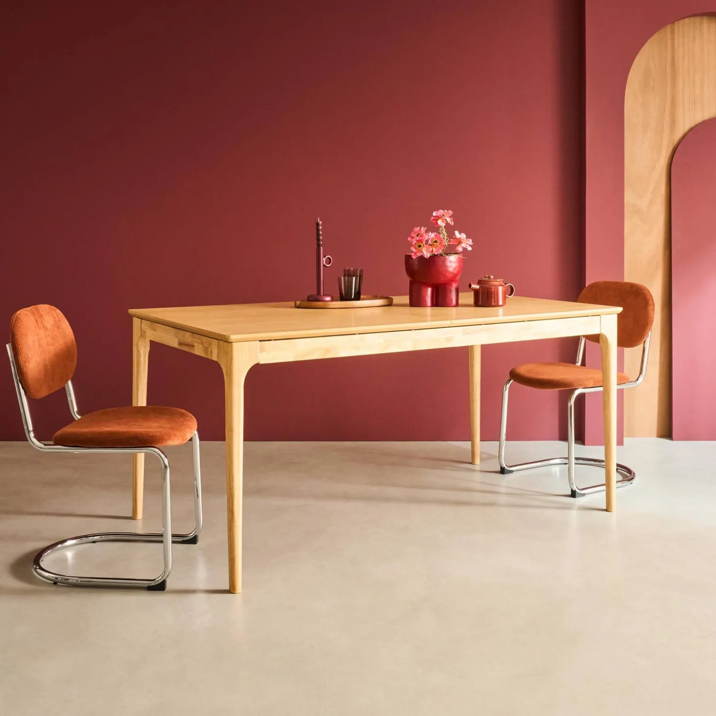 Uitschuifbare eettafel rechthoekig rubberhout en essenfineer 6-8 plaatsen