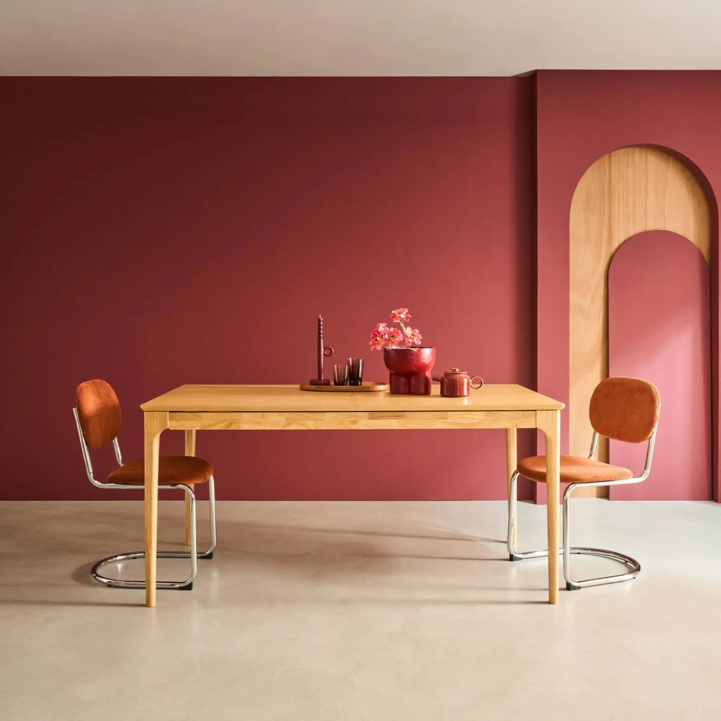 Uitschuifbare eettafel rechthoekig rubberhout en essenfineer 6-8 plaatsen