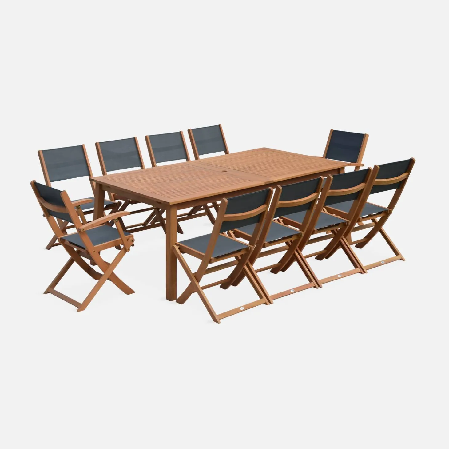 Uitschuifbare houten tuintafel met 10 stoelen