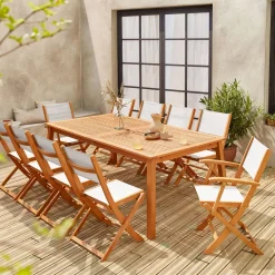 Uitschuifbare houten tuintafel met 10 stoelen