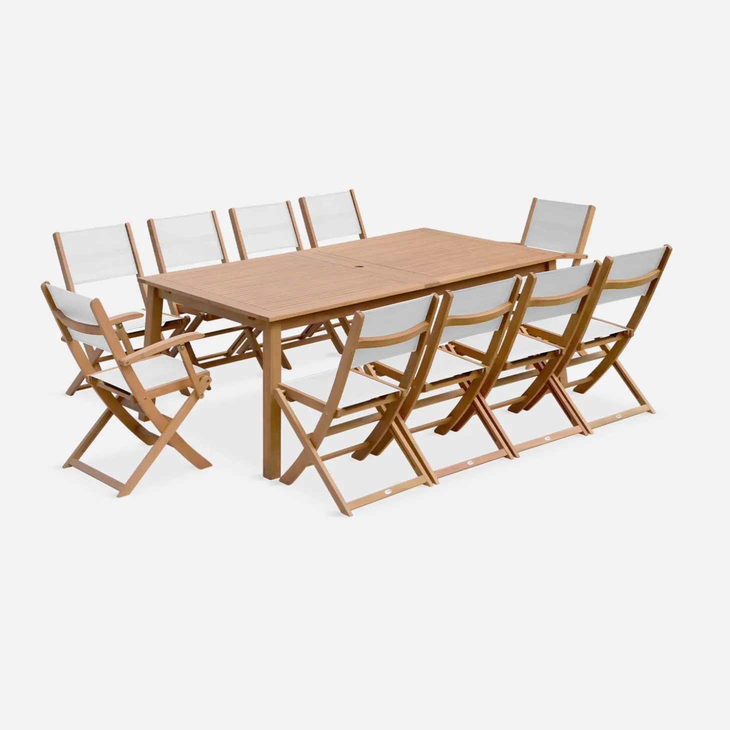 Uitschuifbare houten tuintafel met 10 stoelen