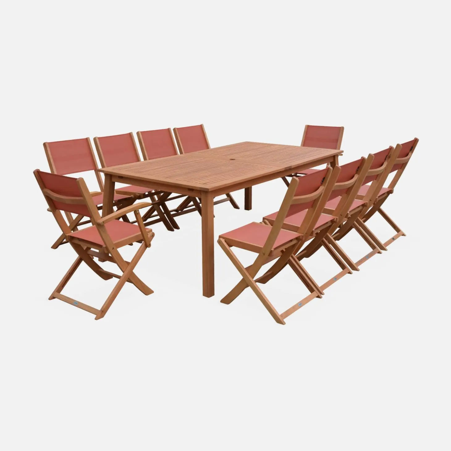 Uitschuifbare houten tuintafel met 10 stoelen