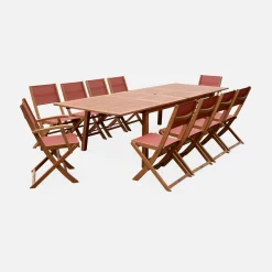 Uitschuifbare houten tuintafel met 10 stoelen