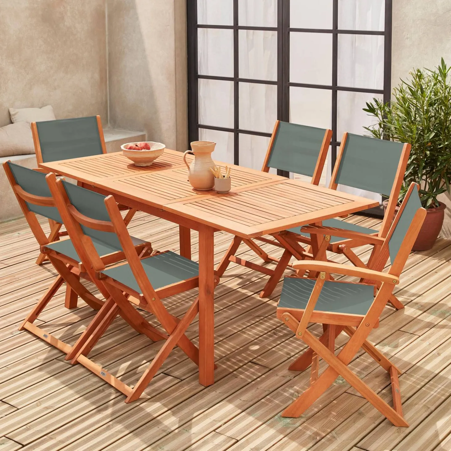 Uitschuifbare houten tuintafel, 6 stoelen
