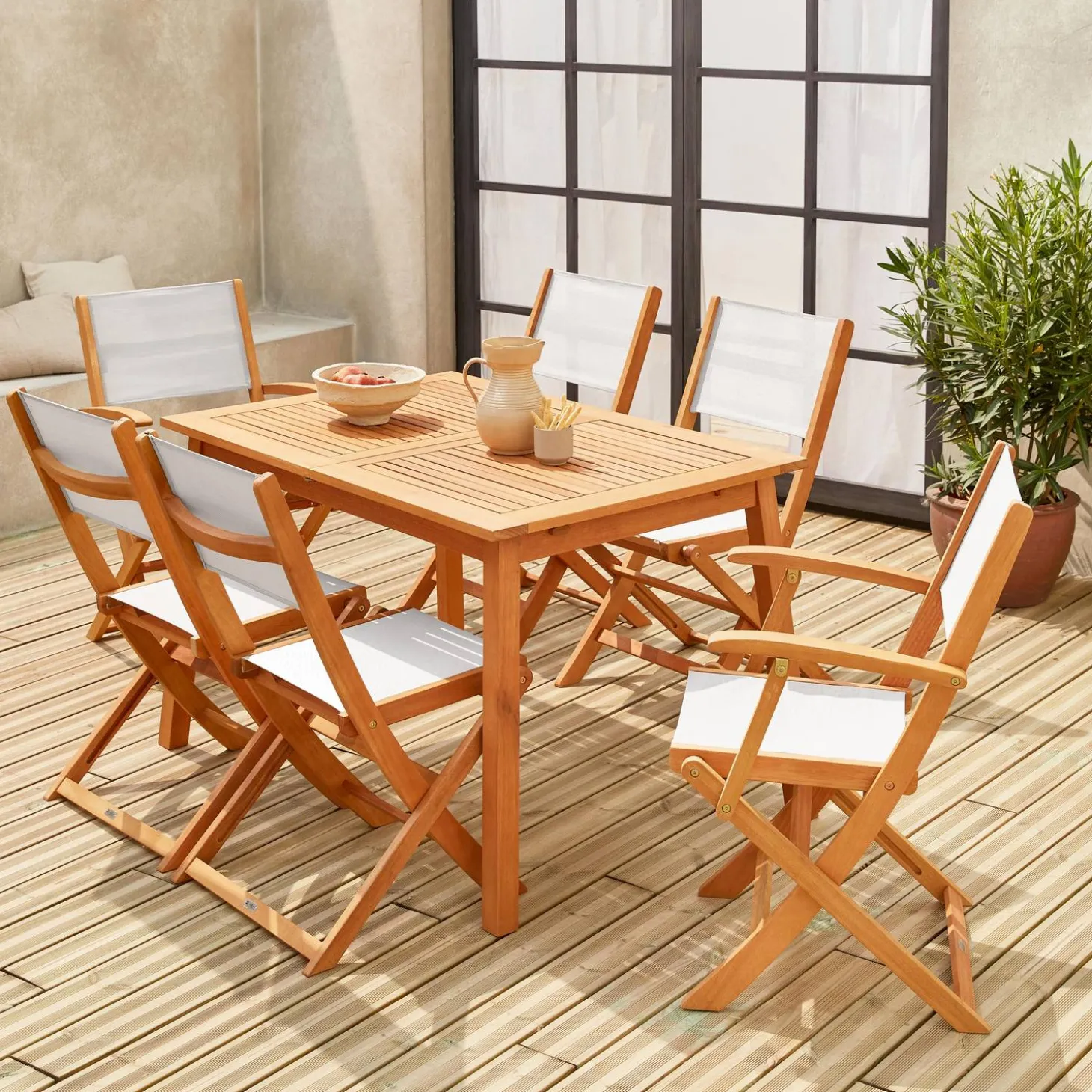 Uitschuifbare houten tuintafel, 6 stoelen