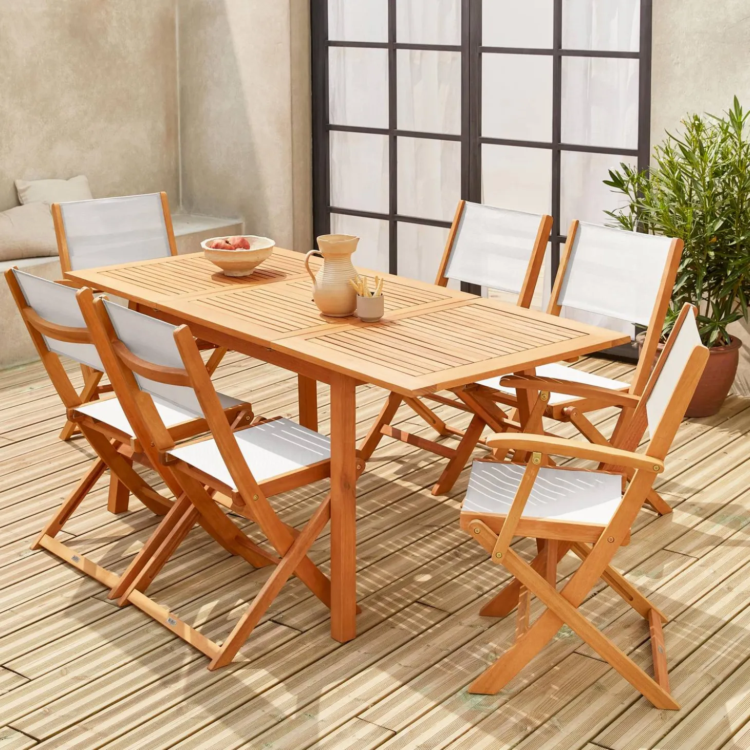 Uitschuifbare houten tuintafel, 6 stoelen