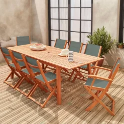 Uitschuifbare houten tuintafel met 8 stoelen