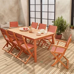 Uitschuifbare houten tuintafel met 8 stoelen
