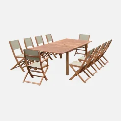 Uitschuifbare houten tuintafel met 10 stoelen