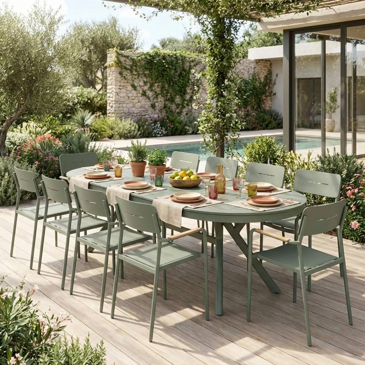 Uitschuifbare ovale tuintafel van aluminium en 10 stoelen
