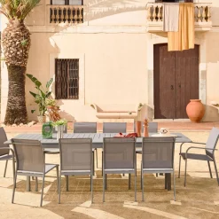 Uitschuifbare tuintafel van aluminium en textileen, 10 stoelen