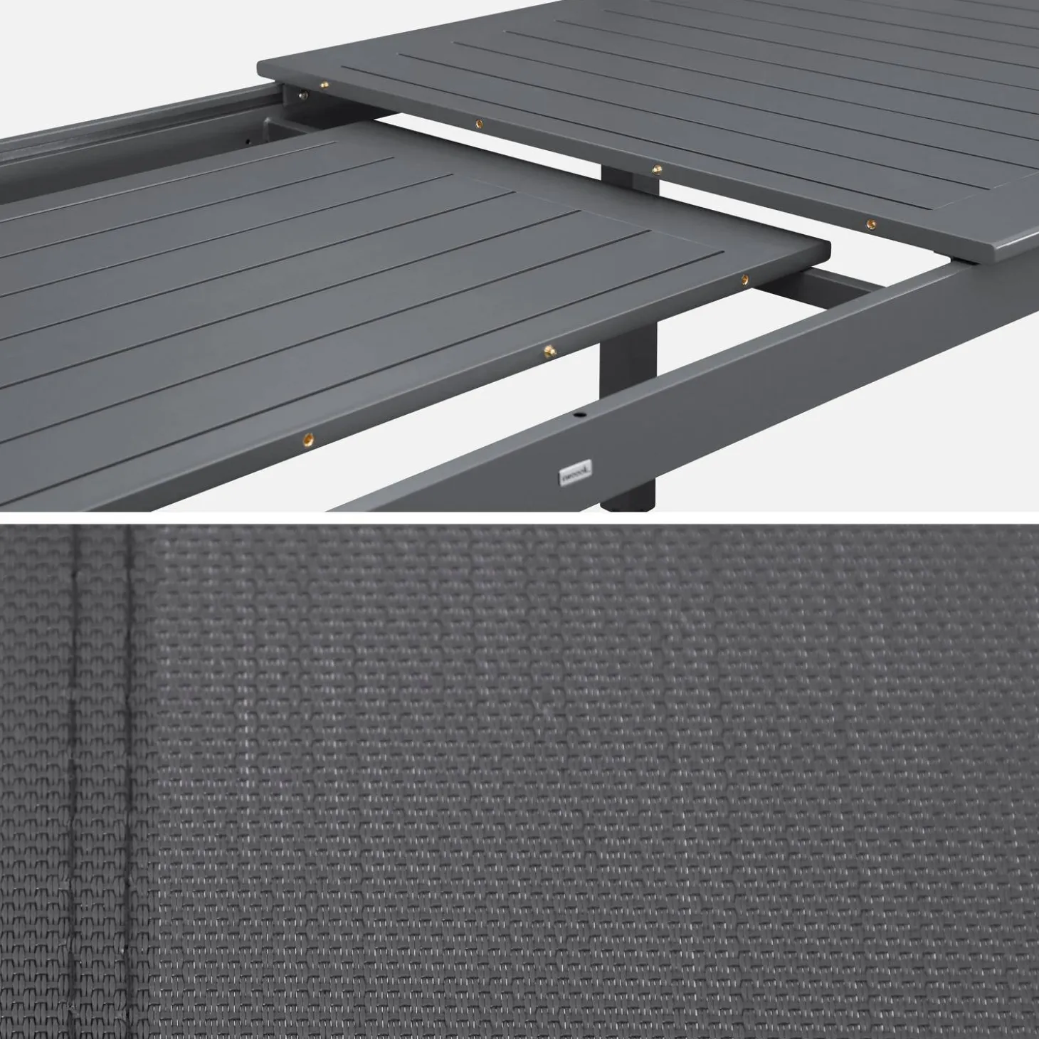 Uitschuifbare tuintafel van aluminium, 6 stoelen, waarvan 2 met armleuning