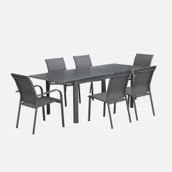 Uitschuifbare tuintafel van aluminium, 6 stoelen, waarvan 2 met armleuning