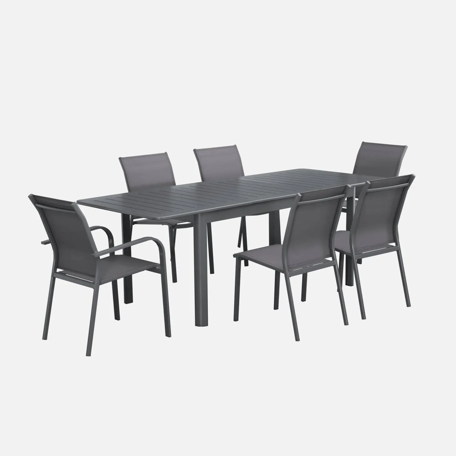 Uitschuifbare tuintafel van aluminium, 6 stoelen, waarvan 2 met armleuning