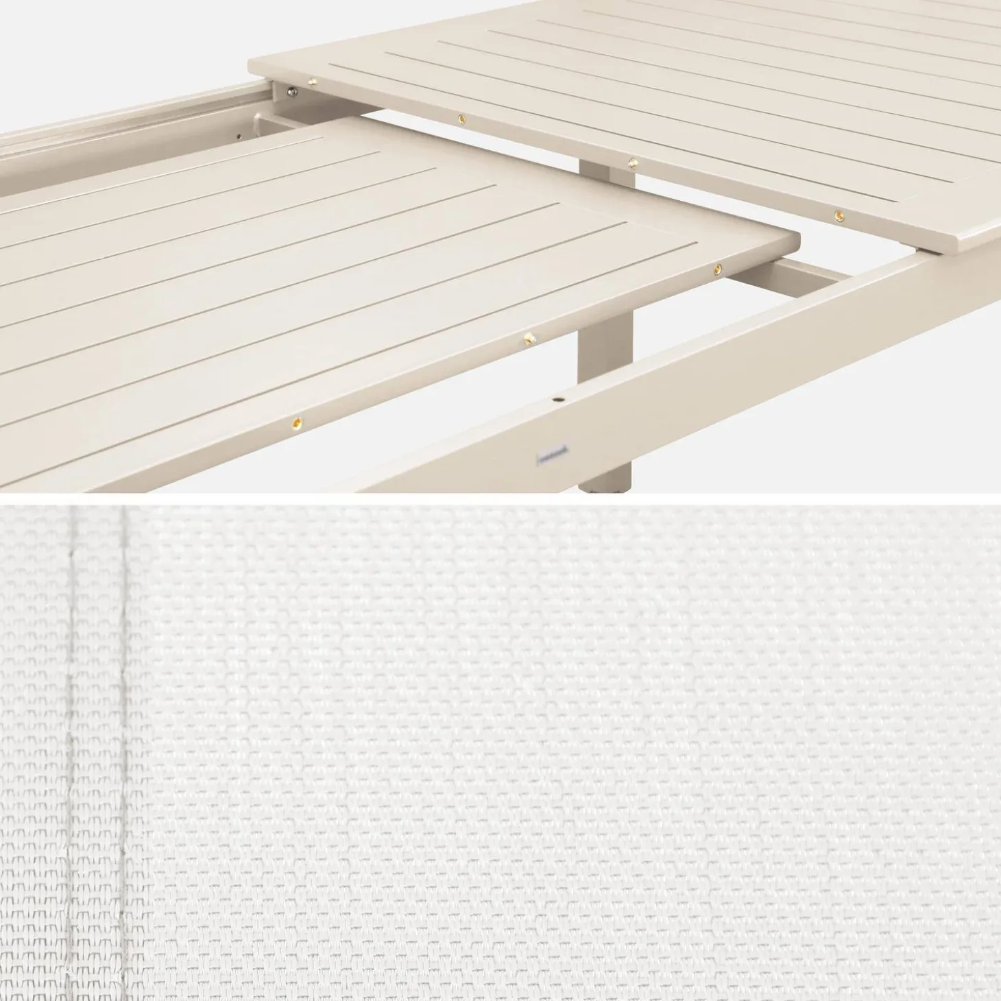 Uitschuifbare tuintafel van aluminium, 6 stoelen, waarvan 2 met armleuning