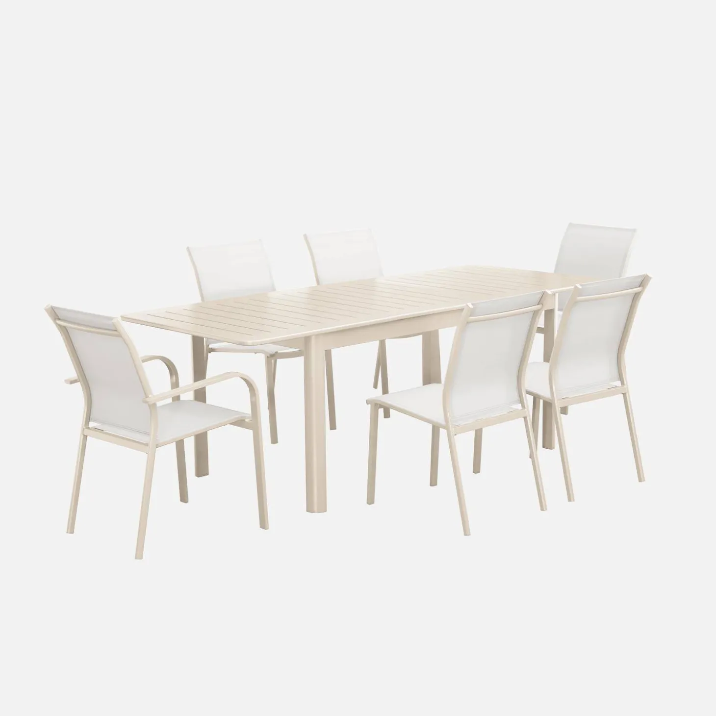 Uitschuifbare tuintafel van aluminium, 6 stoelen, waarvan 2 met armleuning