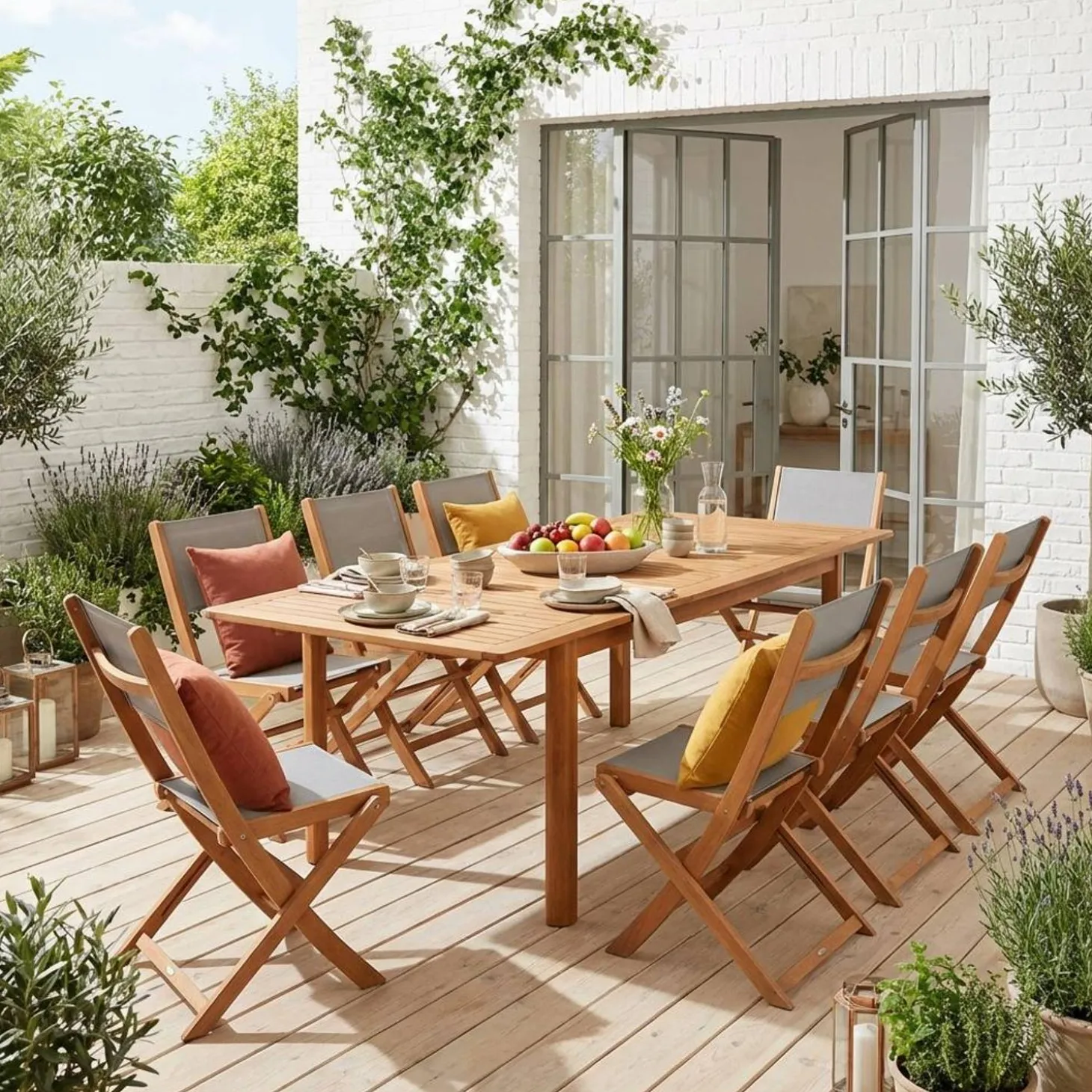 Uitschuifbare tuintafel van hout met 8 stoelen