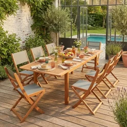 Uitschuifbare tuintafel van hout met 8 stoelen