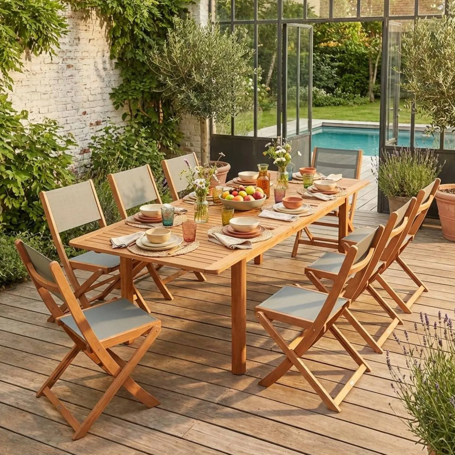 Uitschuifbare tuintafel van hout met 8 stoelen