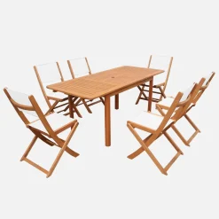 Uitschuifbare tuintafel van hout + 6 stoelen