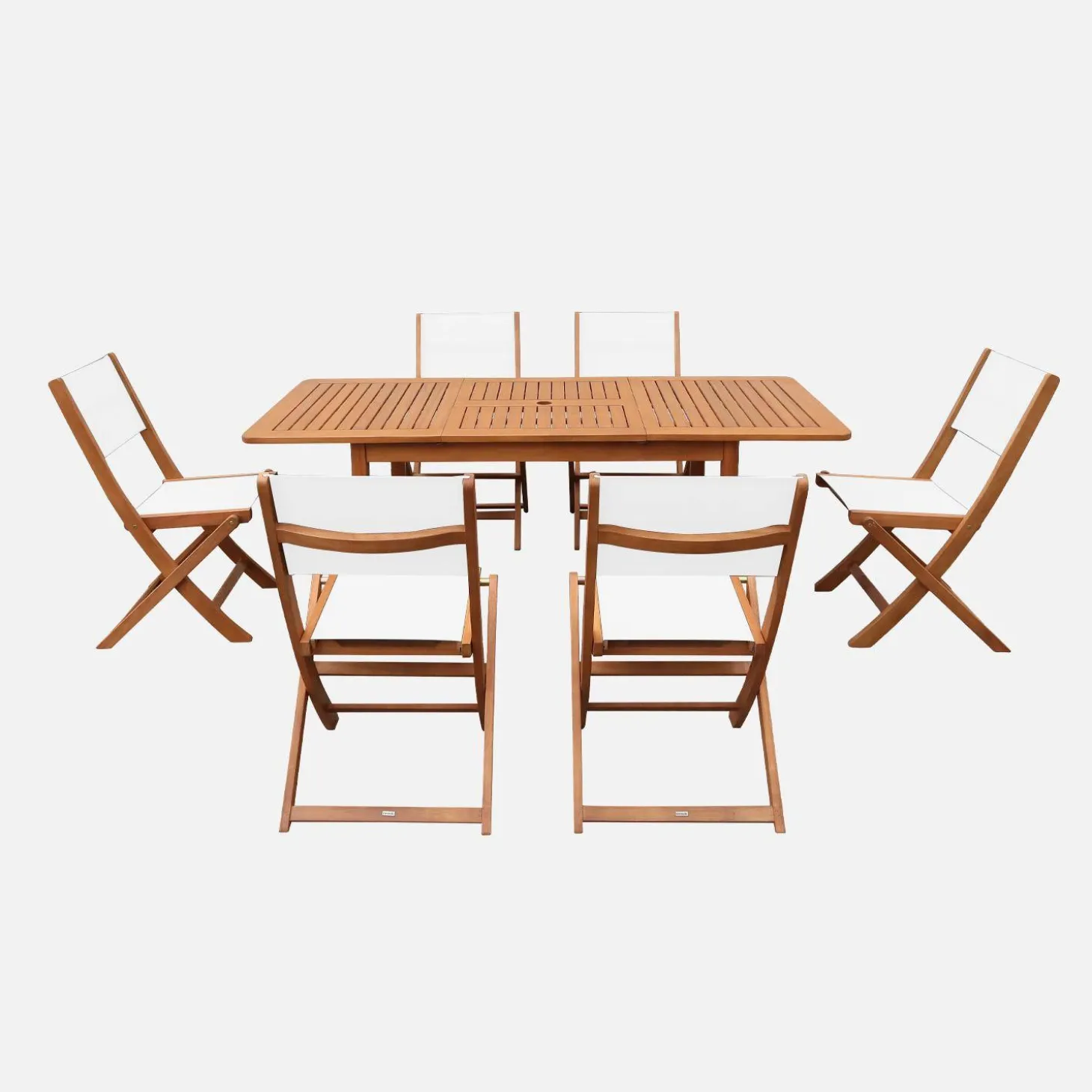 Uitschuifbare tuintafel van hout + 6 stoelen