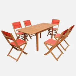 Uitschuifbare tuintafel van hout + 6 stoelen