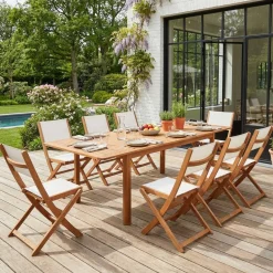 Uitschuifbare tuintafel van hout met 8 stoelen
